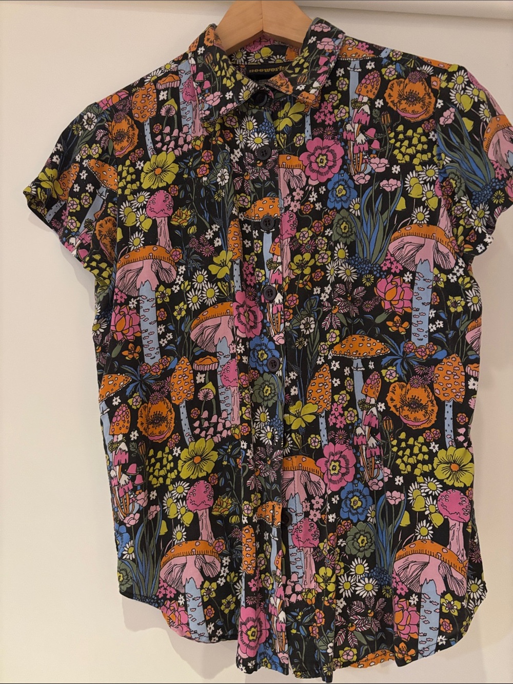 Girls' Black Floral & Mushroom Button-Front Shirt